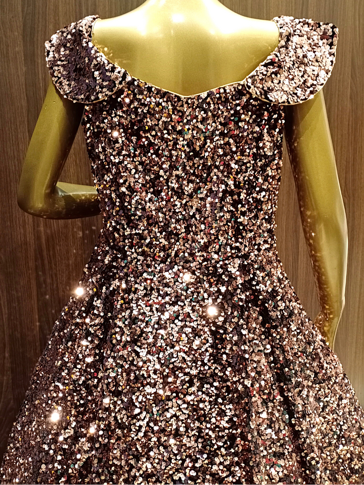 Metallic Brown Embellished Net Gown with Ruffled sleeves & Hand Sequence Embroidery