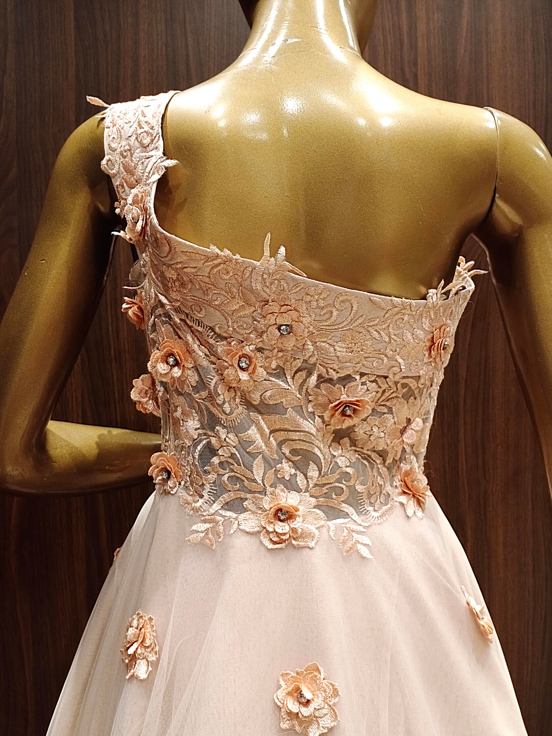 Pastel Peach One Shoulder Layered Gown With Resham, Ribbon Embroidery