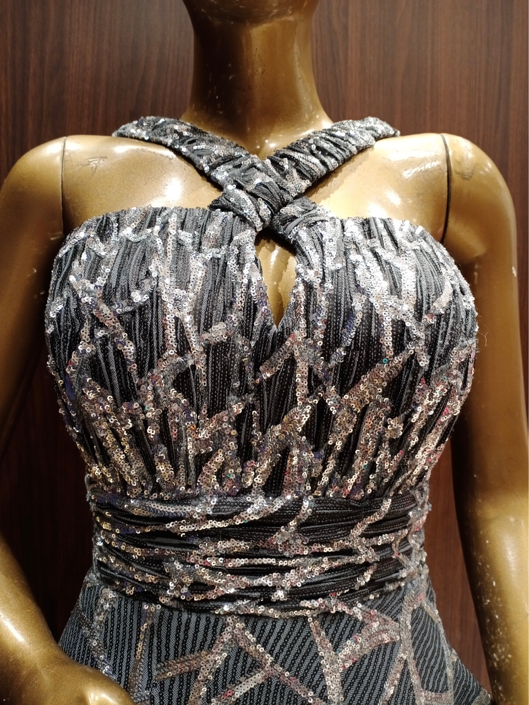 Grey Flared Sequence Gown With Geometrical Sequence Embellishments