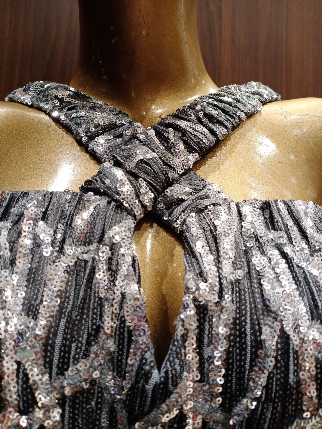 Grey Flared Sequence Gown With Geometrical Sequence Embellishments