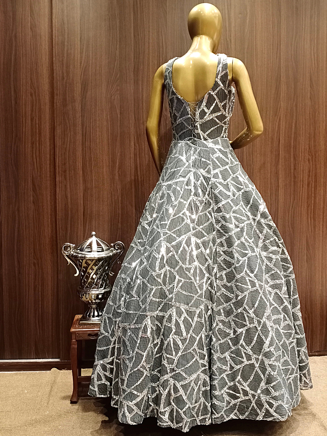 Grey Flared Sequence Gown With Geometrical Sequence Embellishments