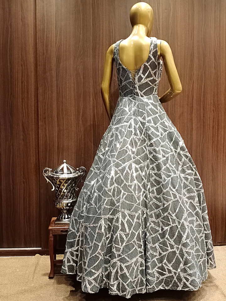 Grey Flared Sequence Gown With Geometrical Sequence Embellishments