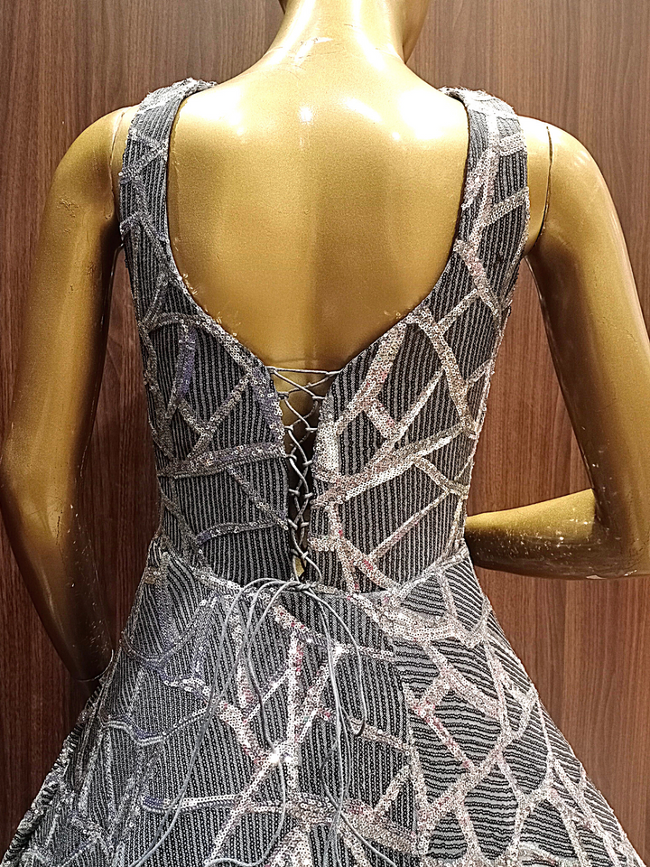 Grey Flared Sequence Gown With Geometrical Sequence Embellishments
