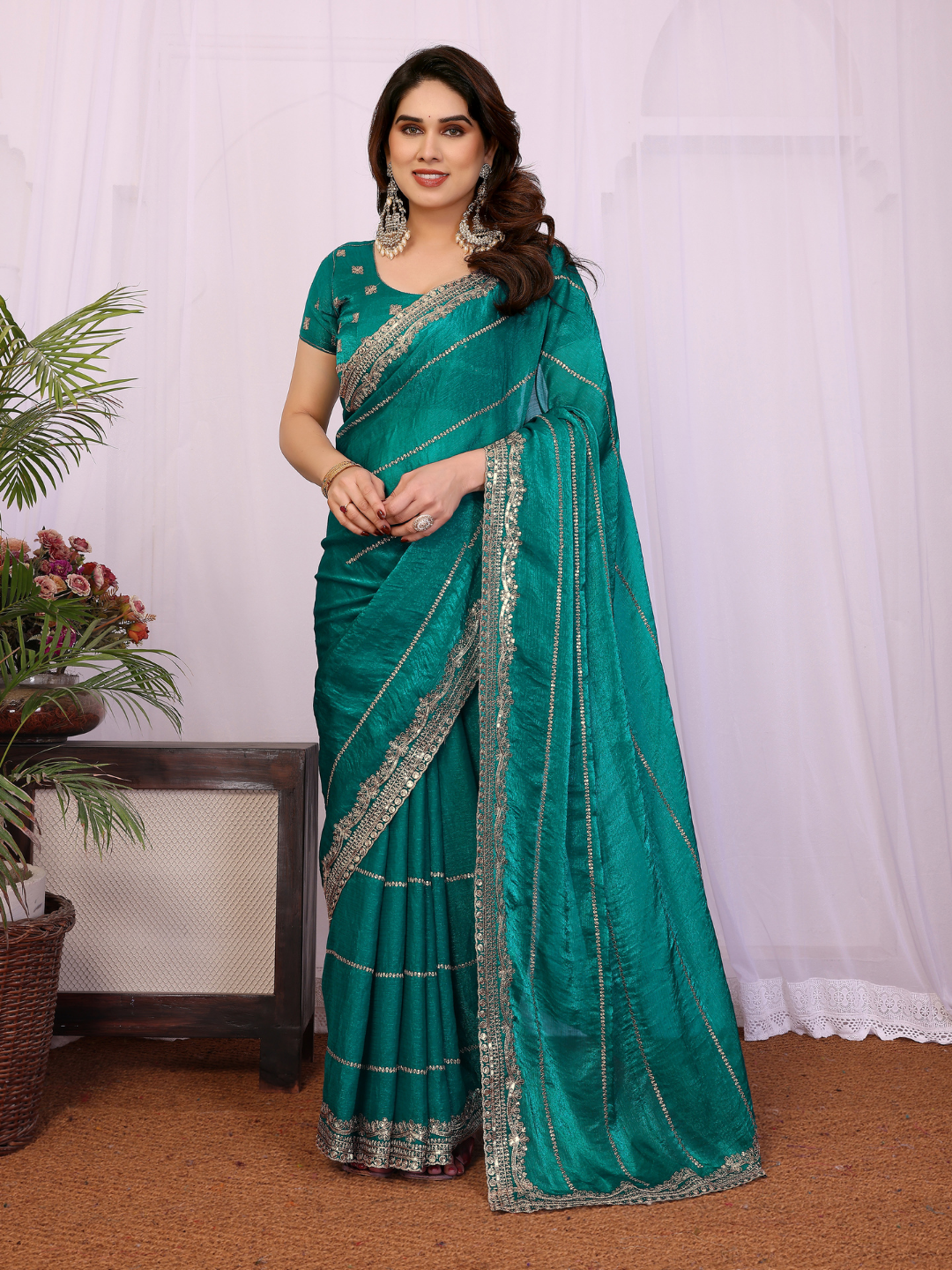 Teal Zari Striped Sequin Embroidered Border Saree with Booti Blouse
