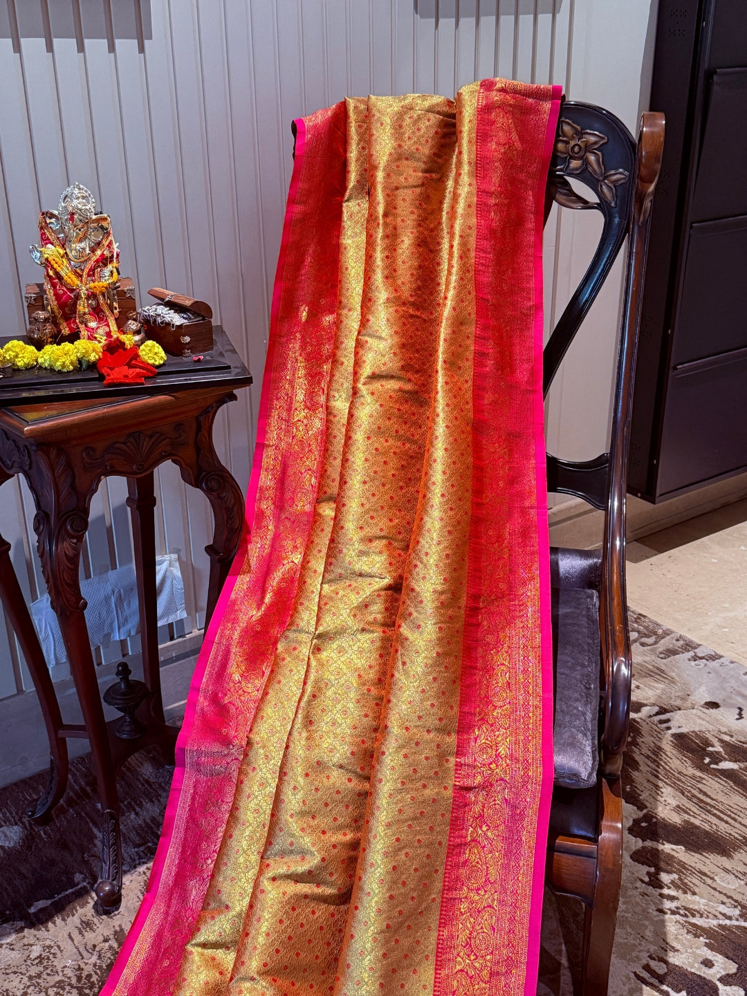 Golden Pink Zari Woven Banarasi Saree with Polka Dot Body & Floral Brocade Border