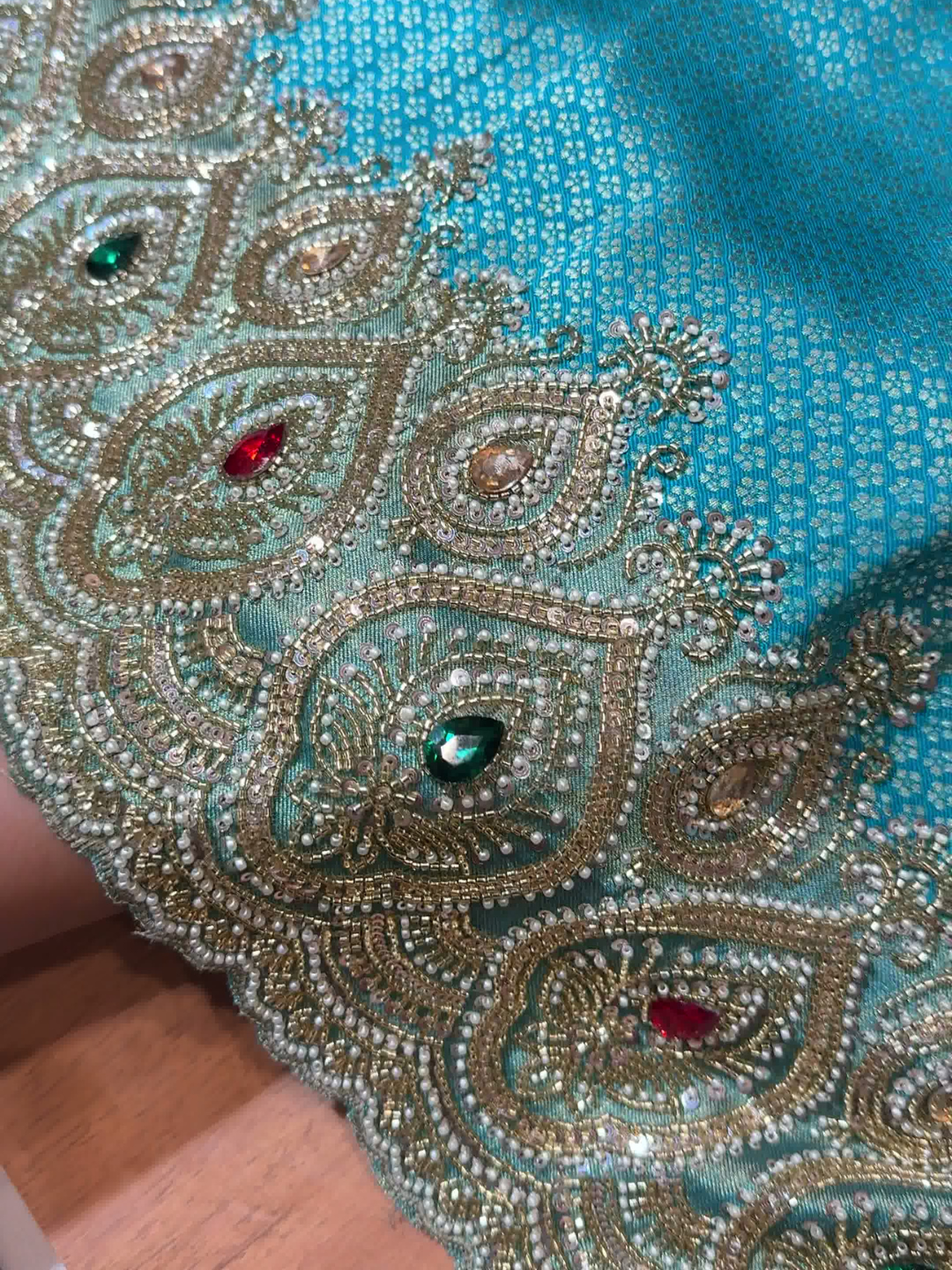 Heavy Saree with Pearl &amp; Stone Embellished Stitched Blouse Sky Blue