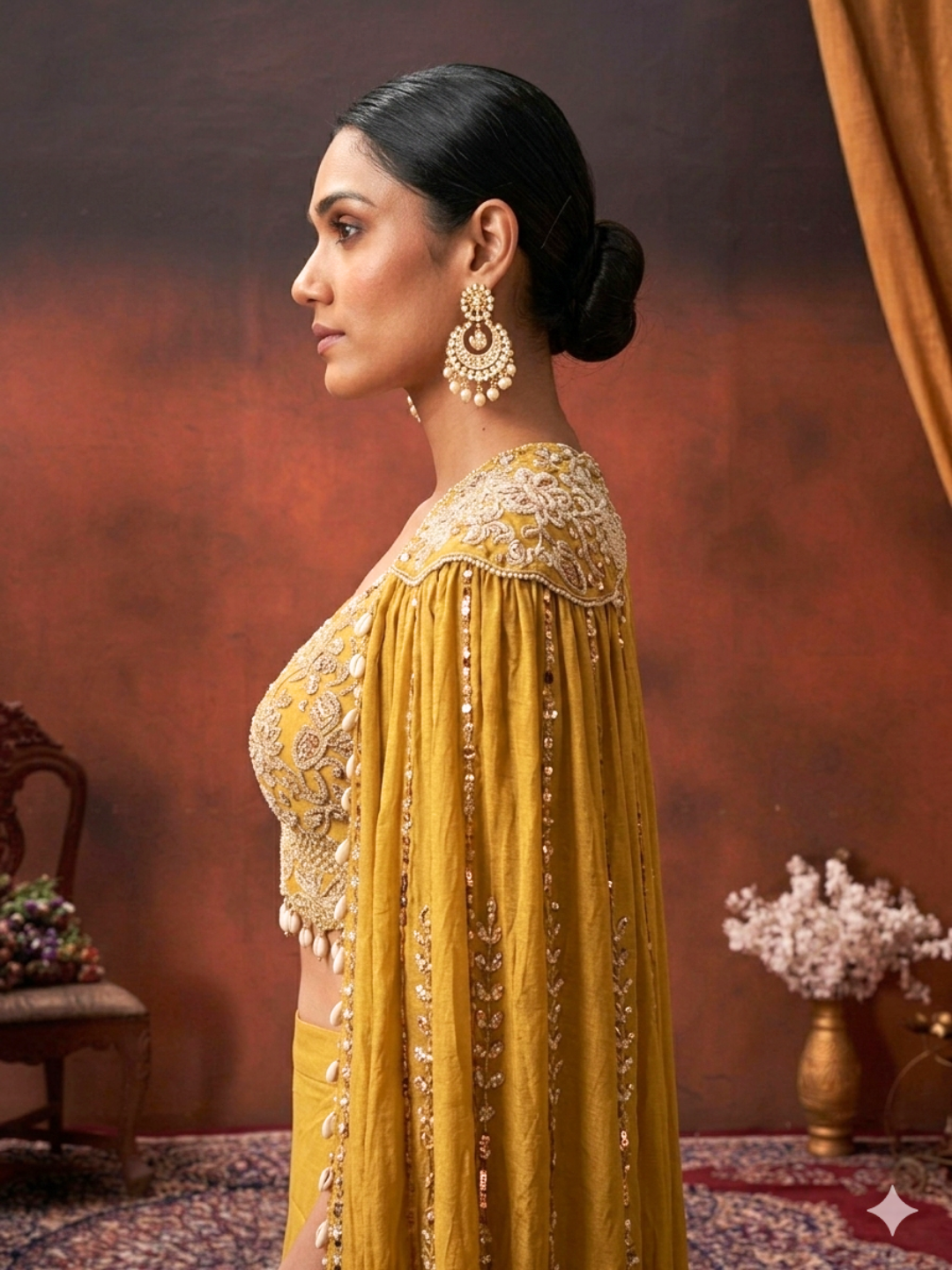Silk Sequin & Mirror Embroidered Cape Blouse with Palazzo Set in Mustard