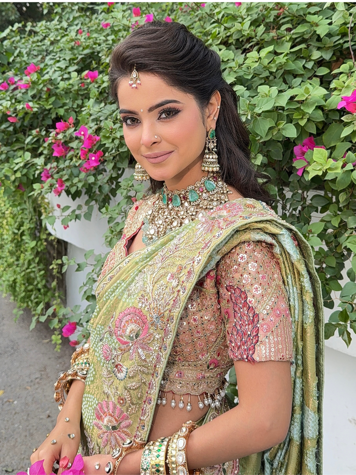 Zari & Sequin Embroidered Floral Jaal Saree with Embroidered Border in Pista Green