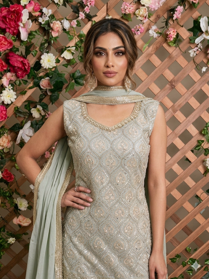 Sequinned Resham Embroidered Georgette Kurta with Sharara and Dupatta with Geometric Jaal Pattern