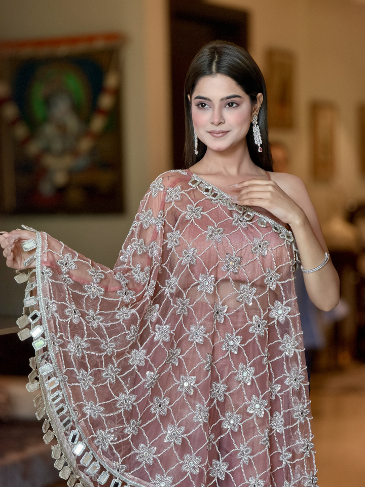 Dusty Rose Net One-Shoulder Dress with Pearl, Cutdana & Mirror Floral Jaal Embroidery with Square Mirror Tassel Border