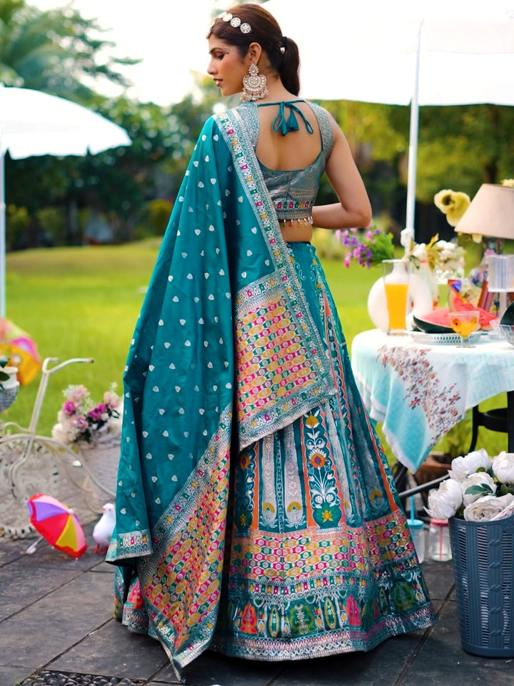 Mirror Work Silk Lehenga Set with Banarasi Weave Dupatta, Multicolor Thread Embroidery