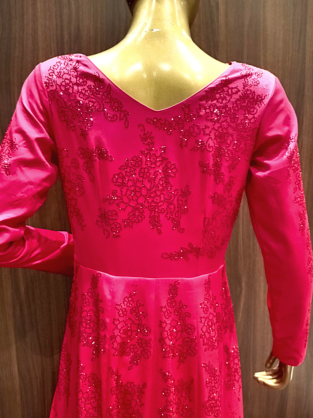 Fuchsia Pink Flared Crepe Gown with Tonal Swarovski Crystal Embellishments