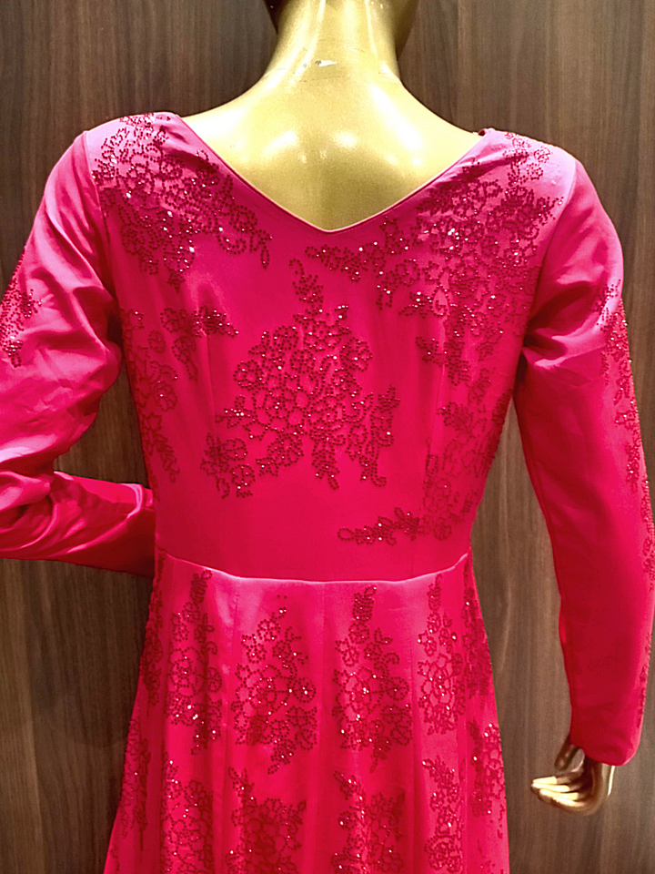 Fuchsia Pink Flared Crepe Gown with Tonal Swarovski Crystal Embellishments