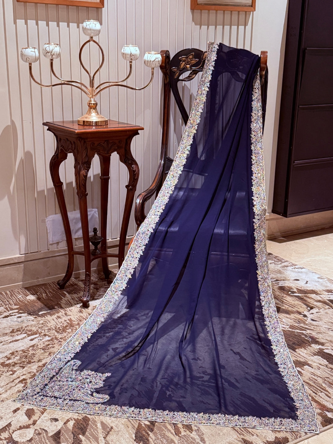 Navy Blue Georgette Saree with Silver Pastel Sequin Floral Embroidered Broad Border