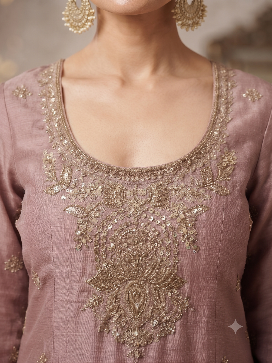Sequin & Zari Embroidered Kurta with Palazzo Set in Mauve Pink