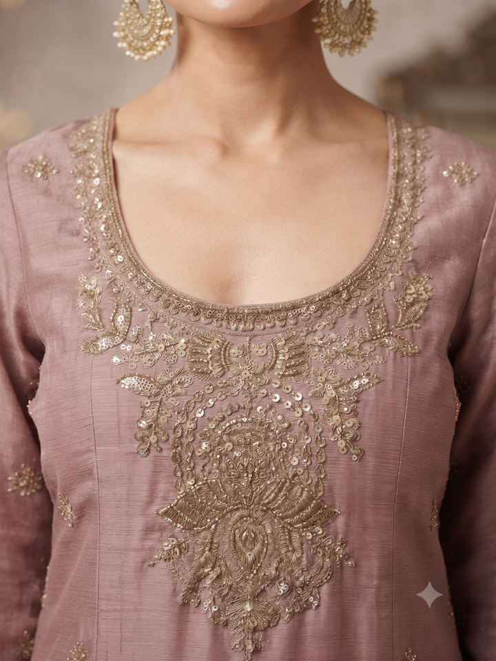 Sequin & Zari Embroidered Kurta with Palazzo Set in Mauve Pink