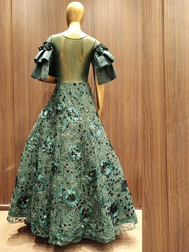 Green Cocktail Flared Sequence Gown with Stylised Ruffled Sleeves