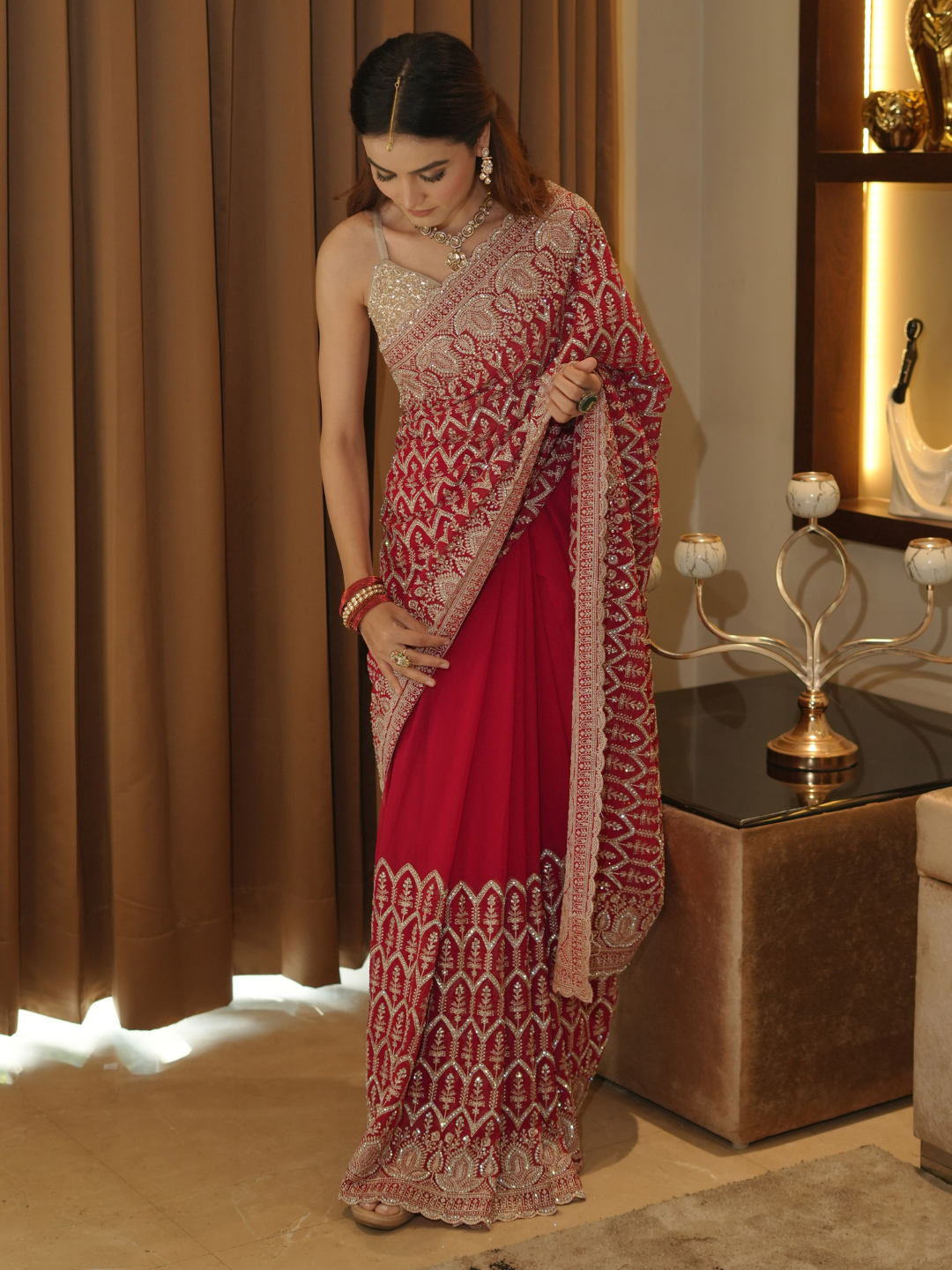 Georgette Saree with Silver Zari Sequin Embroidery, Leaf Jaal & Scalloped Border