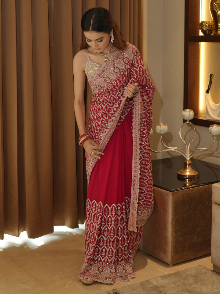 Georgette Saree with Silver Zari Sequin Embroidery, Leaf Jaal & Scalloped Border