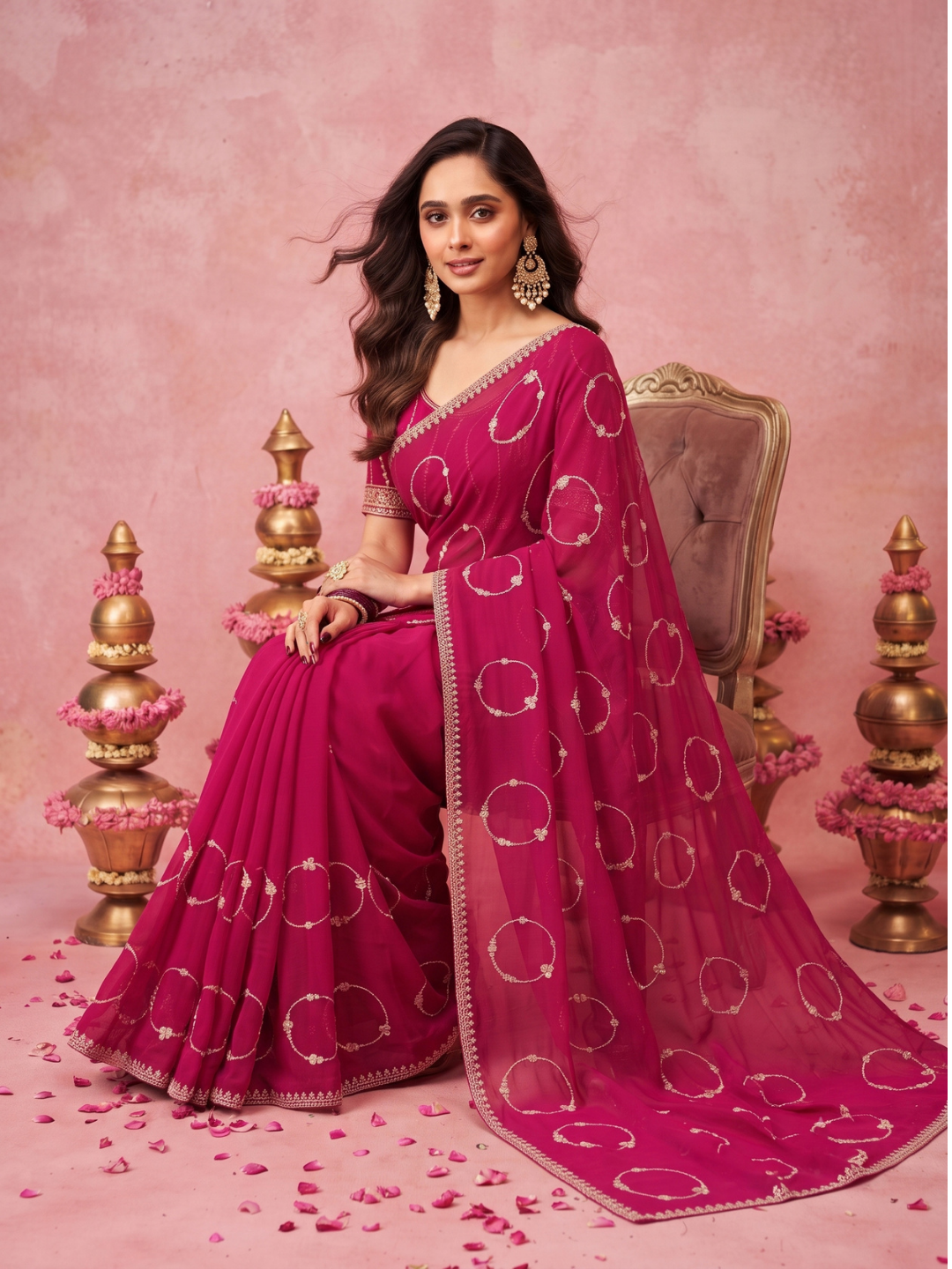 Georgette Saree with Silver Zari Ring Motifs Embroidery & Scalloped Lace Border