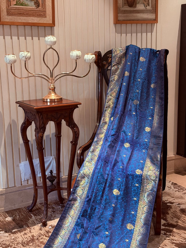 Zari Woven Banarasi Saree with Floral & Paisley Motifs, Golden Brocade Border