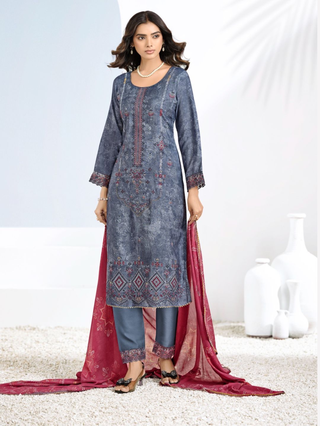 Cotton Printed & Embroidered Unstitched Suit Dupatta in Steel Blue & Magenta
