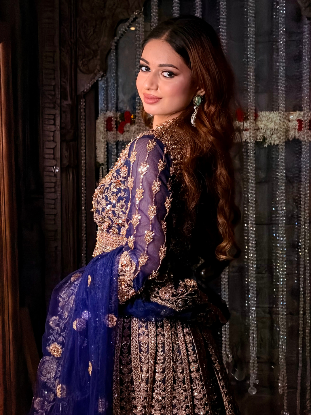 Stone Embellished Lehenga Choli Set in Navy Blue Gold