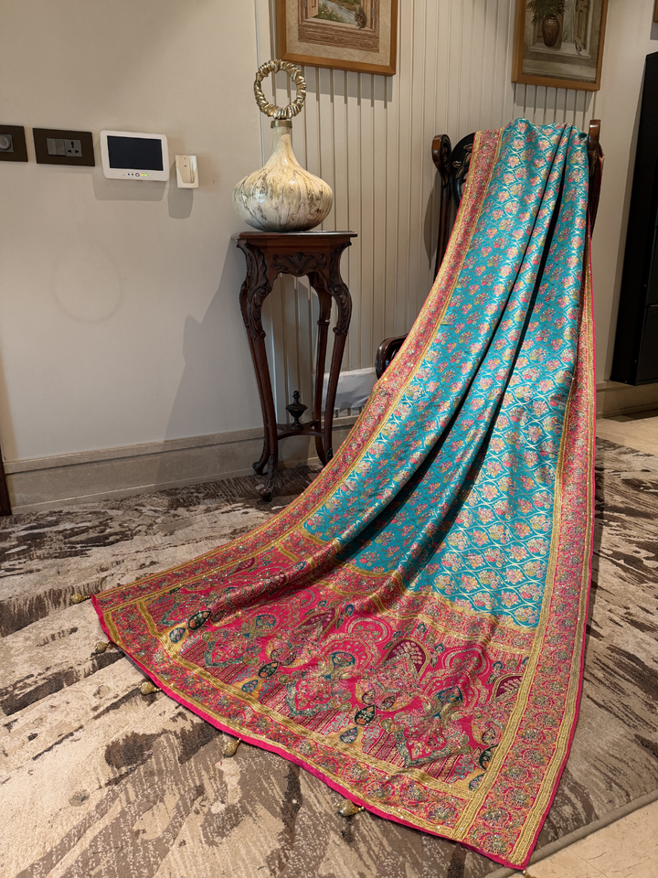 Teal Blue & Pink Banarasi Silk Saree with Meenakari Floral Jaal Weaving & Heavy Zari Paisley Border