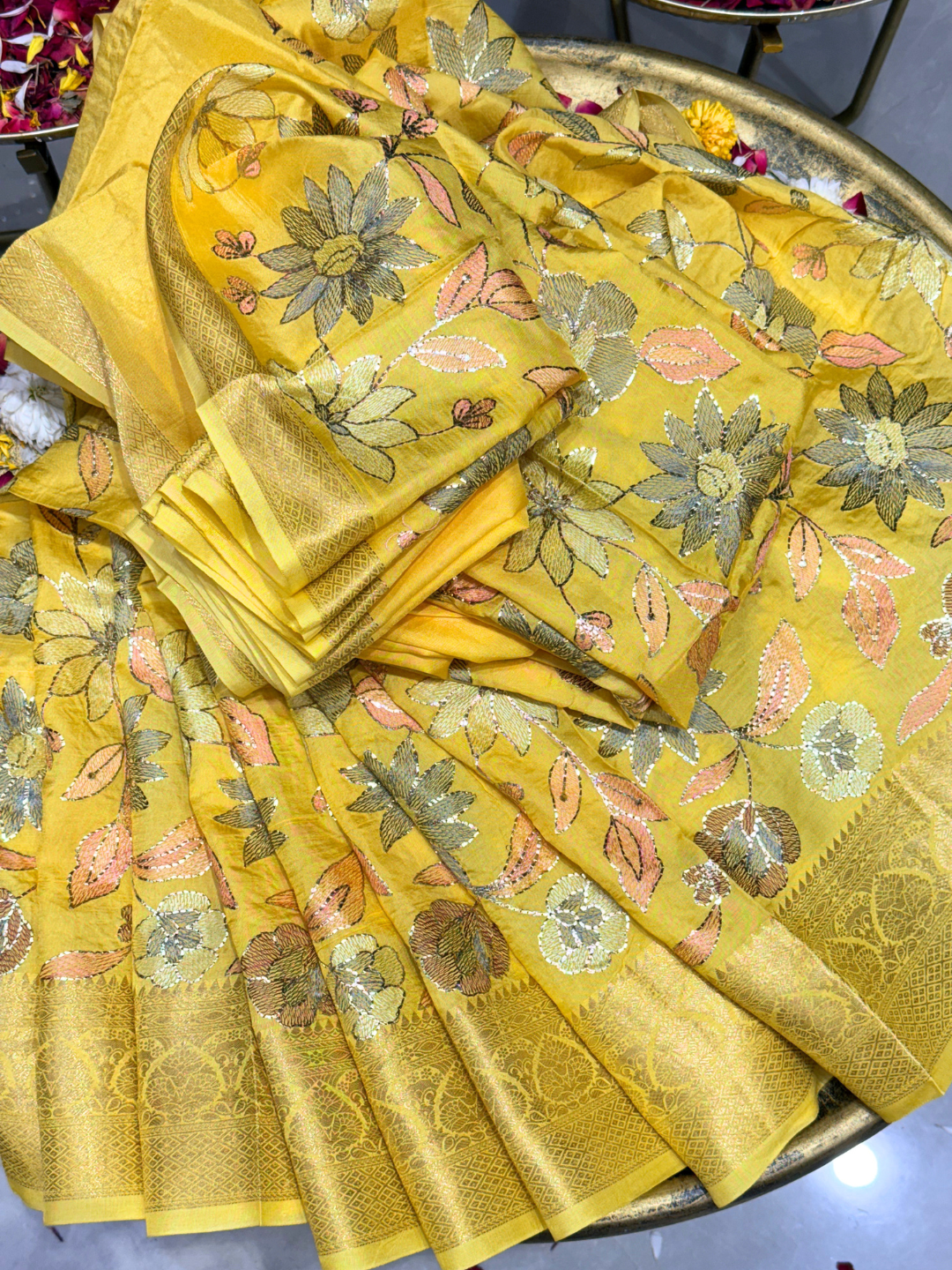 Banarasi Silk Saree with Floral Embroidery and Zari Woven Border