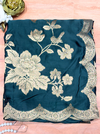 Teal Green Silk Golden Zari Woven Floral Saree with Scalloped Border