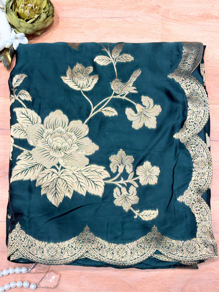 Teal Green Silk Golden Zari Woven Floral Saree with Scalloped Border