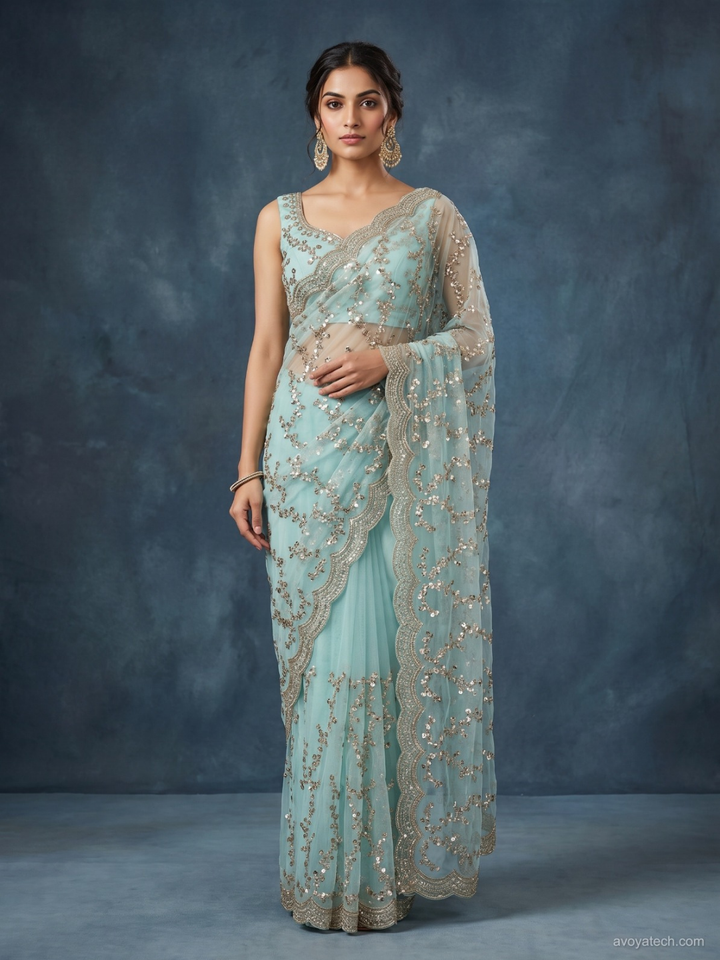 Sequin Embroidered Net Saree with Unstitched Blouse Piece in Sky Blue