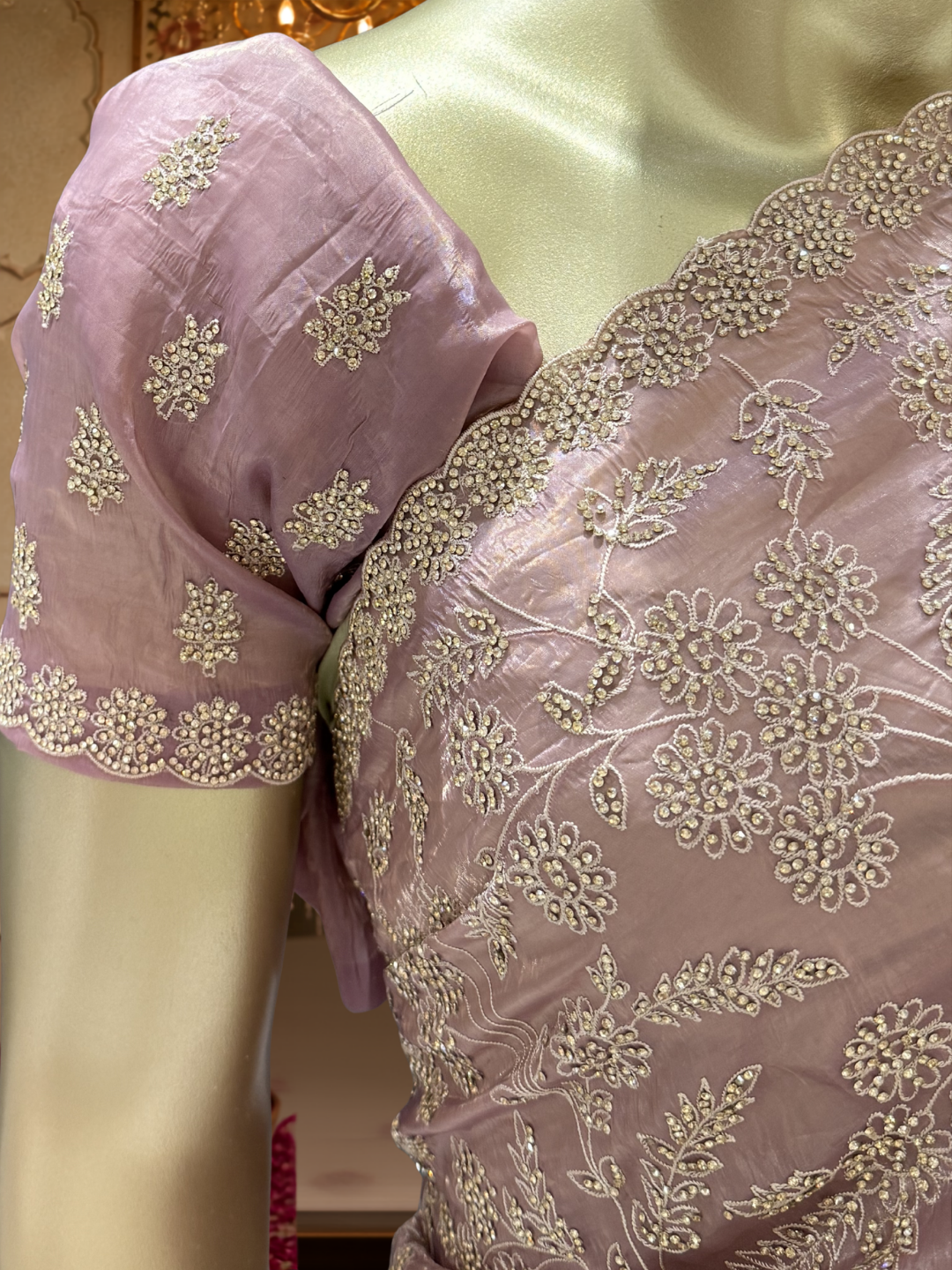 Organza Silk Thread & Sequin Floral Embroidered Saree with Blouse Piece in Light pink