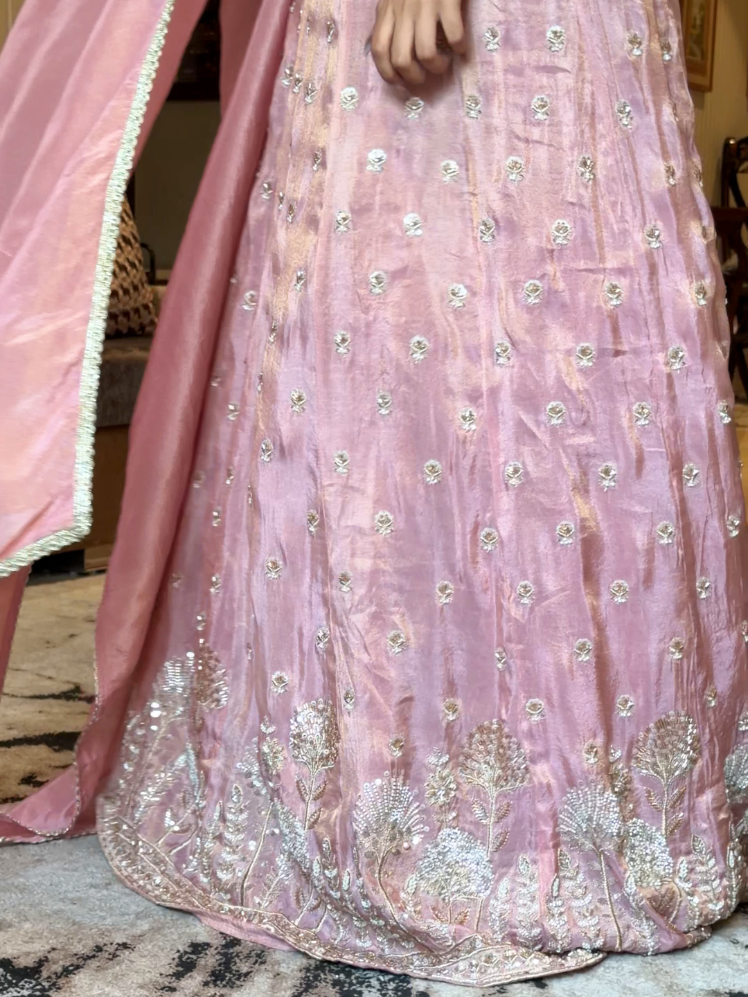 Silk Sequin Embellished & Zari Buti Anarkali Gown with Dupatta in Baby Pink