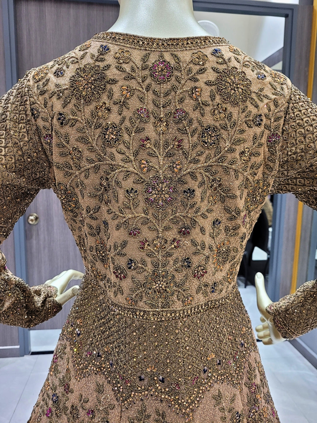 Antique Gold Zardozi Embroidered Long Jacket Gown with Intricate Detailing