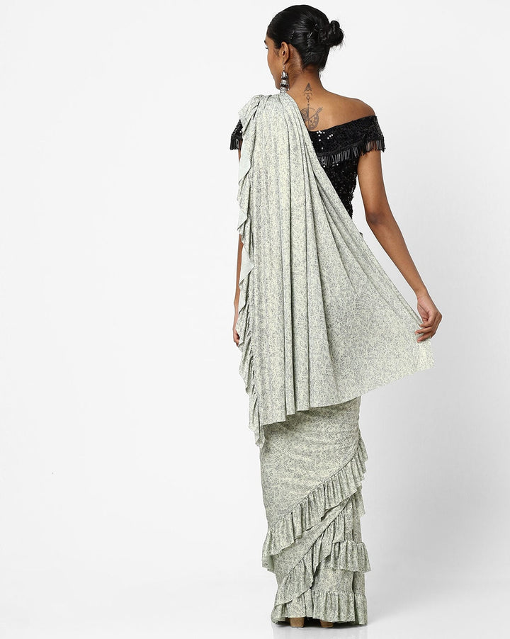 Made to Measure Dusty Green Ruffled Self Embossed Saree & Black Sequence Off Shoulder Embellished Blouse