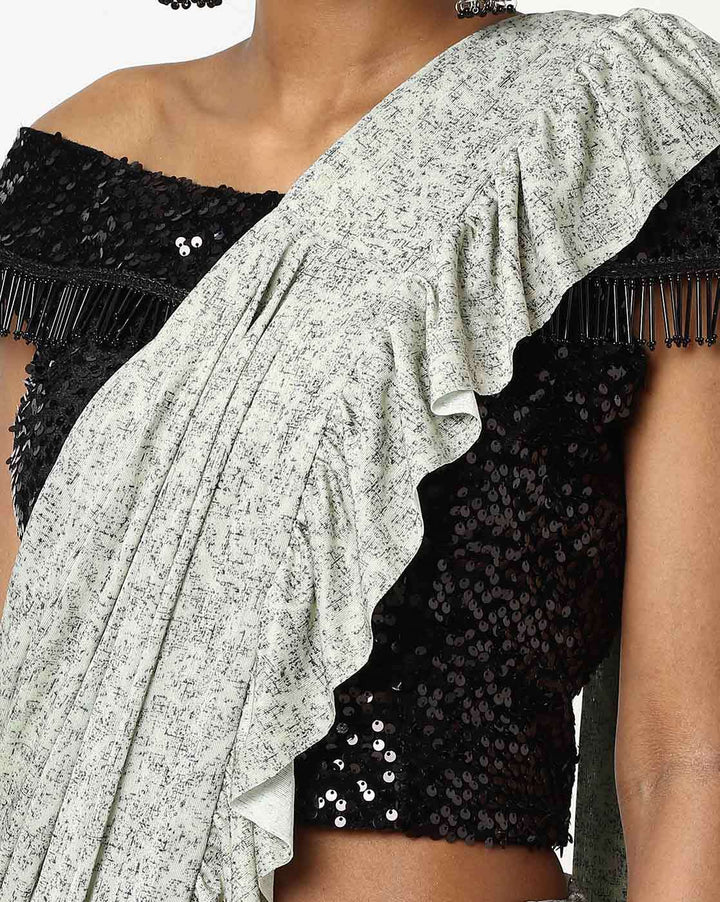 Made to Measure Dusty Green Ruffled Self Embossed Saree & Black Sequence Off Shoulder Embellished Blouse