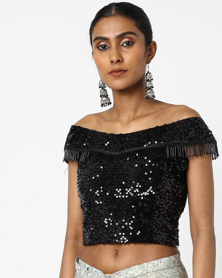 Made to Measure Dusty Green Ruffled Self Embossed Saree & Black Sequence Off Shoulder Embellished Blouse