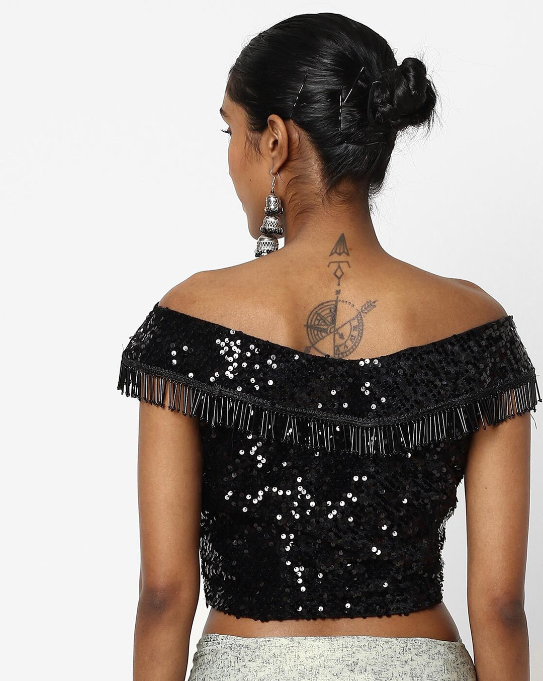 Made to Measure Dusty Green Ruffled Self Embossed Saree & Black Sequence Off Shoulder Embellished Blouse