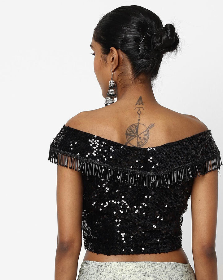 Made to Measure Dusty Green Ruffled Self Embossed Saree & Black Sequence Off Shoulder Embellished Blouse