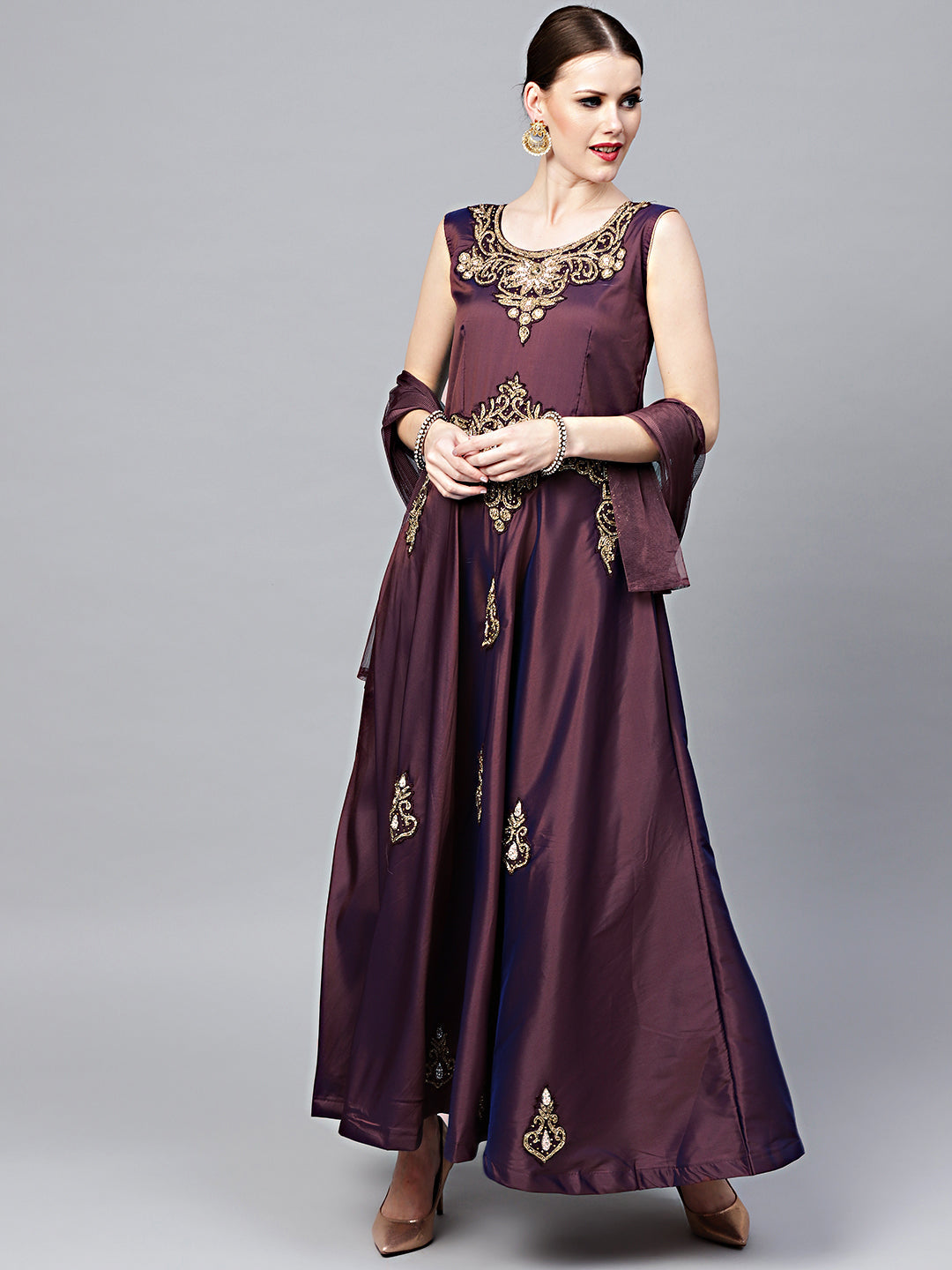 Kundan Embroidered Silk Floor Length Flared Suit