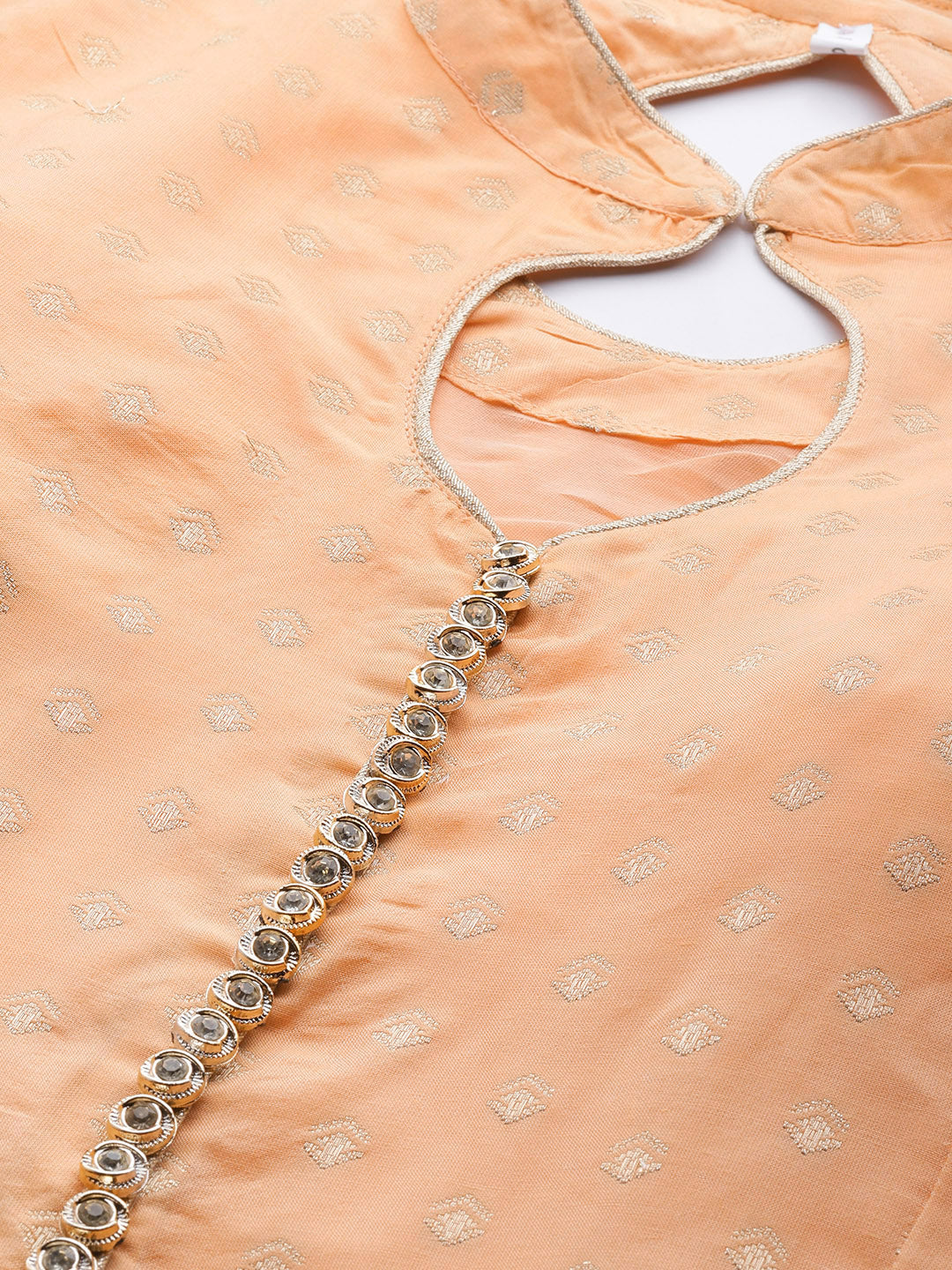Peach Banarasi Weaving Anarkali Suit With Contrast Bandhej Foil Dupatta & Gold Buttons