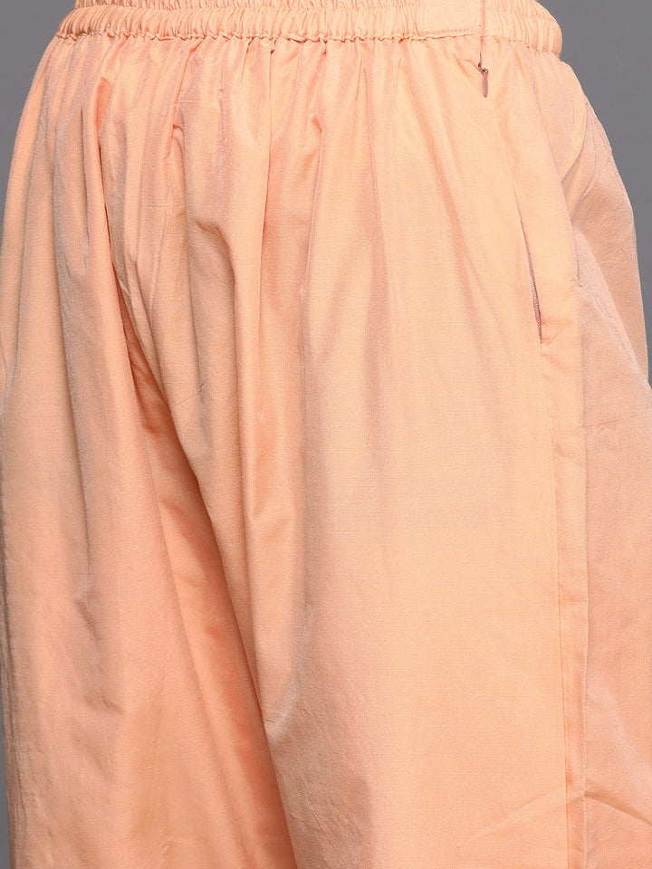 Peach Banarasi Weaving Anarkali Suit With Contrast Bandhej Foil Dupatta & Gold Buttons