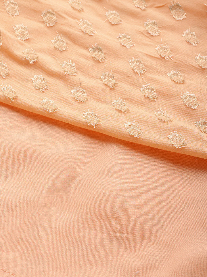 Peach Banarasi Weaving Anarkali Suit With Contrast Bandhej Foil Dupatta & Gold Buttons