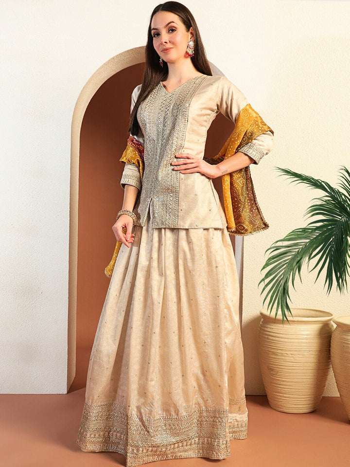 Chhabra 555 Banarasi Self Design Lehenga Set with Sequin Zari Embroidery & Bandhani Print Dupatta