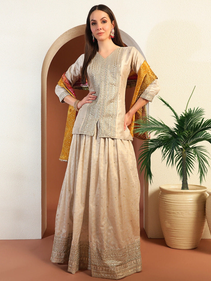 Chhabra 555 Banarasi Self Design Lehenga Set with Sequin Zari Embroidery & Bandhani Print Dupatta