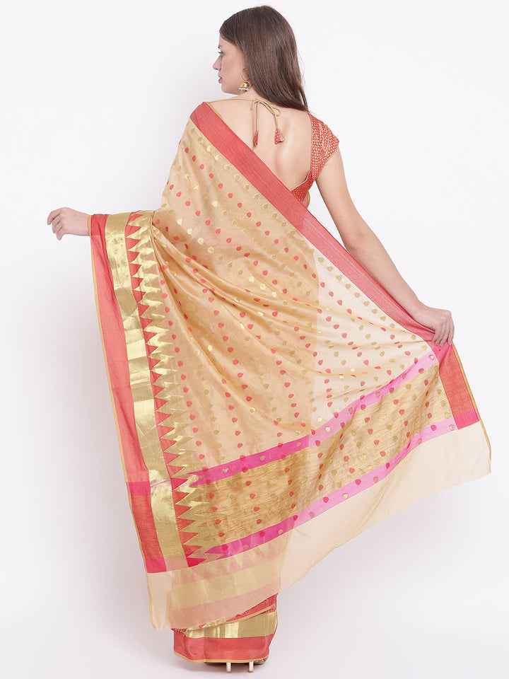 Traditional Beige Handloom Chanderi Saree with Red and Gold Woven Design
