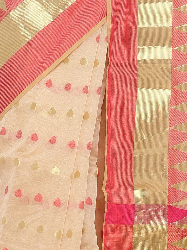 Traditional Beige Handloom Chanderi Saree with Red and Gold Woven Design