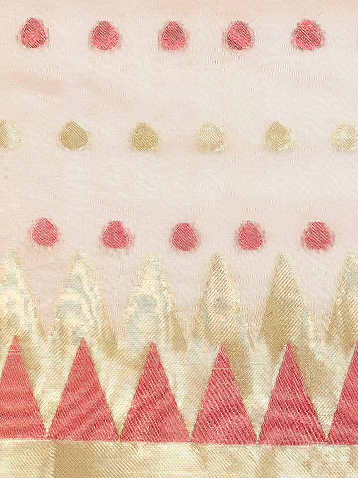 Traditional Beige Handloom Chanderi Saree with Red and Gold Woven Design