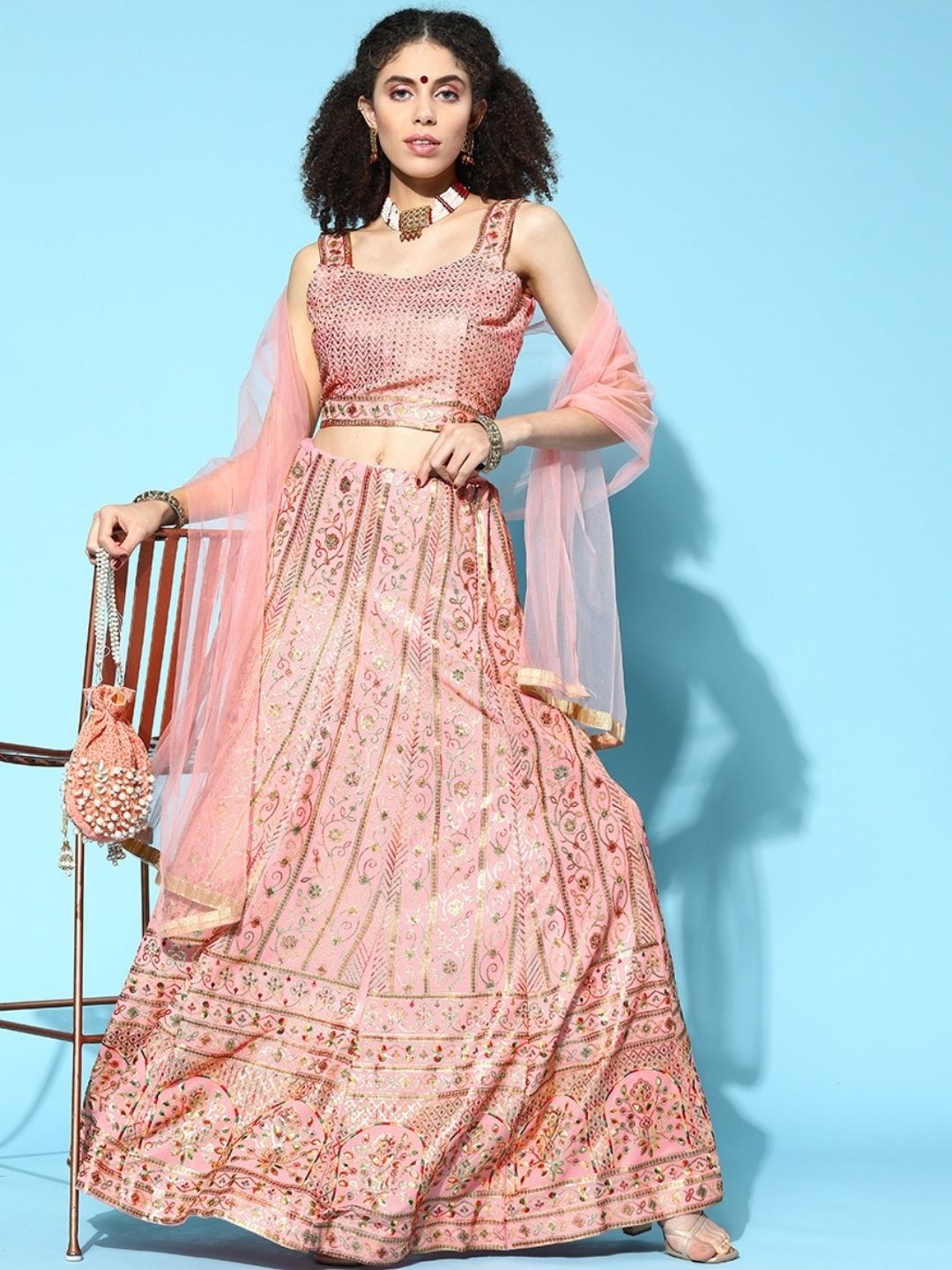 Made to Measure Pastel Rose Gold Sequence & Resham Embroidery Georgette Lehanga Set